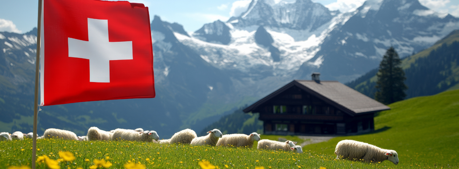 Schweizer Berge mit Schafen auf einer Wiese mit der Schweizer Flagge im Vordergrund