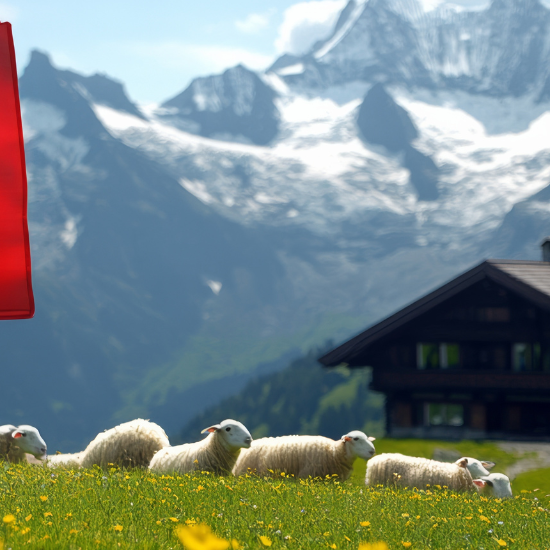 Schweizer Berge mit Schafen auf einer Wiese mit der Schweizer Flagge im Vordergrund