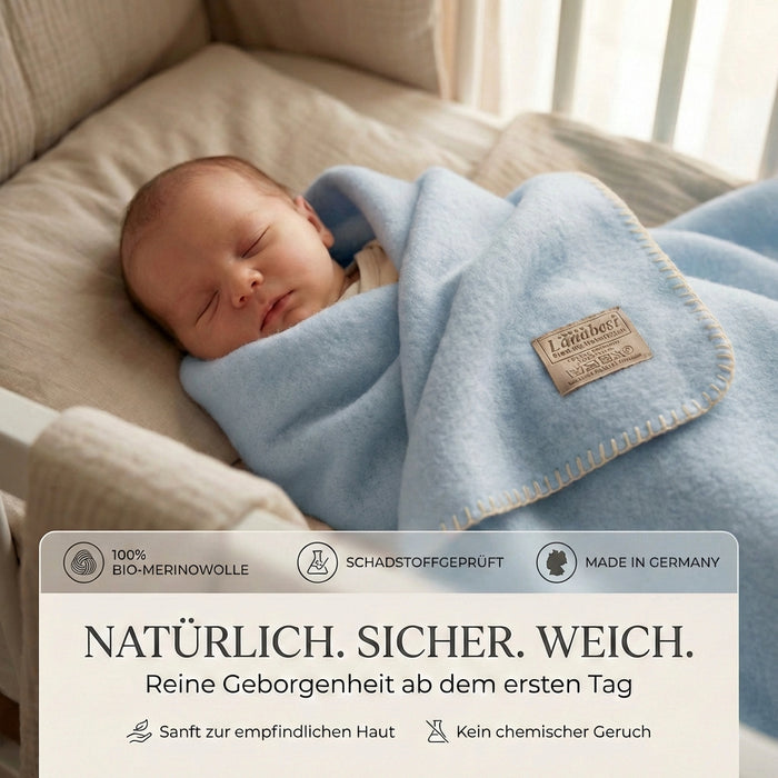 Babydecke blau Bio-Merinowolle 75x100cm | 100% deutsche Premium Schurwolle | atmungsaktiv