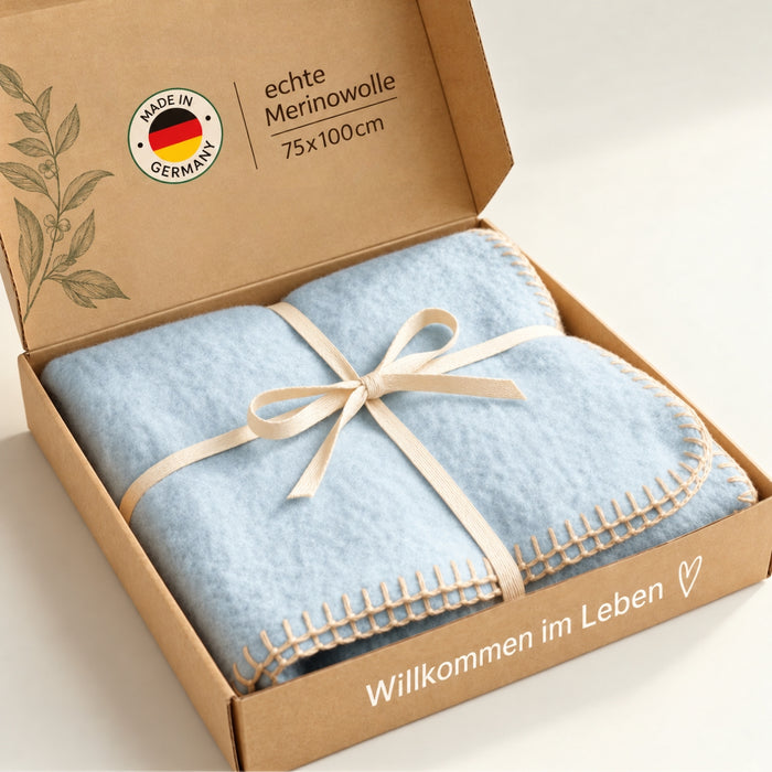 Babydecke blau Merinowolle 75x100cm | 100% deutsche Premium Schurwolle | atmungsaktiv