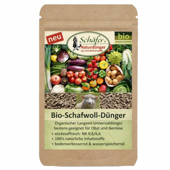 Biodünger Premium | deutsche Schafwolle in Pellets | Stickstoffreicher Universaldünger | 850g