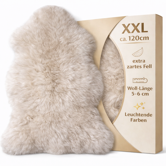 Lammfell beige XXL SuperPremium | extra groß | 110-120 cm | medizinische Gerbung | chromfrei, aluminiumfrei