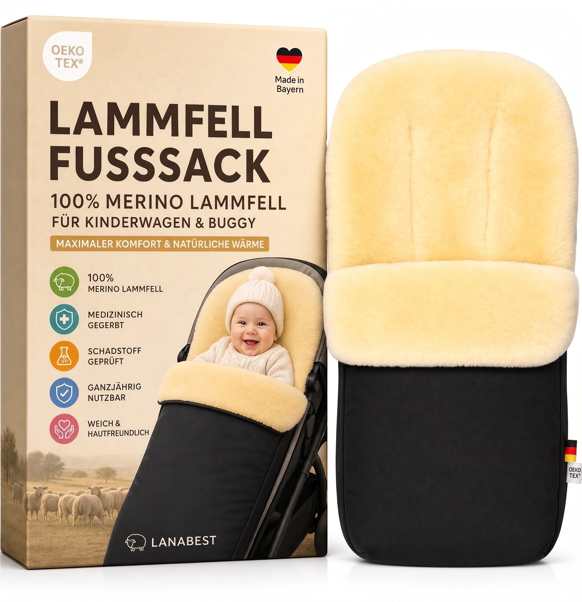 lammfell schlafsack für kinderwagen Merino Premium Fußsack | Öko-Tex | 26MemorialDaySale Størrelse:Medium Drei Speichen für ein