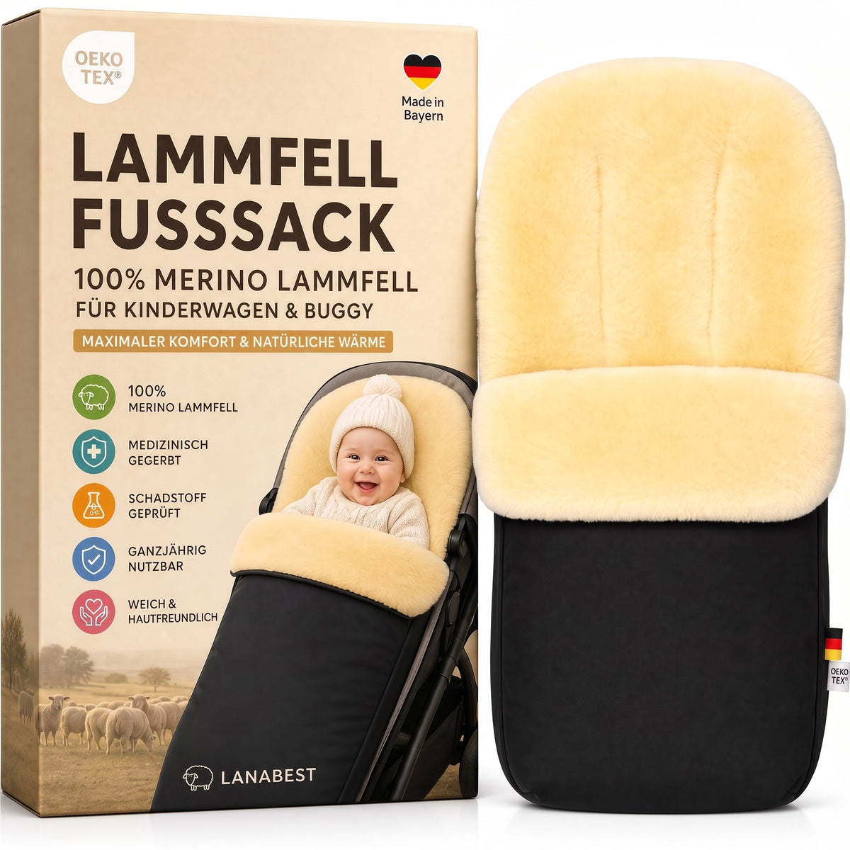 Lammfell Merino Premium Fußsack | Öko-Tex | für Kinderwagen