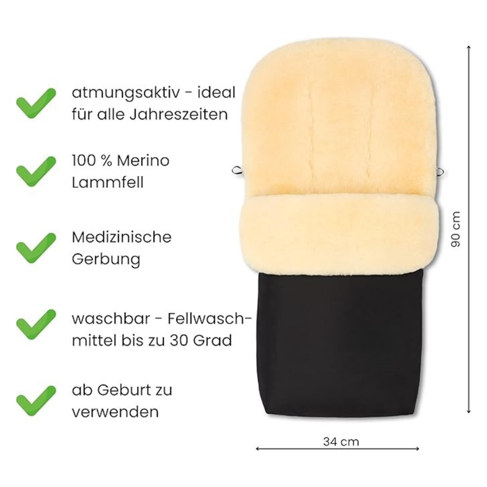 Lammfell Merino Premium Fußsack | Öko-Tex | für Kinderwagen | waschbar | 90x40cm