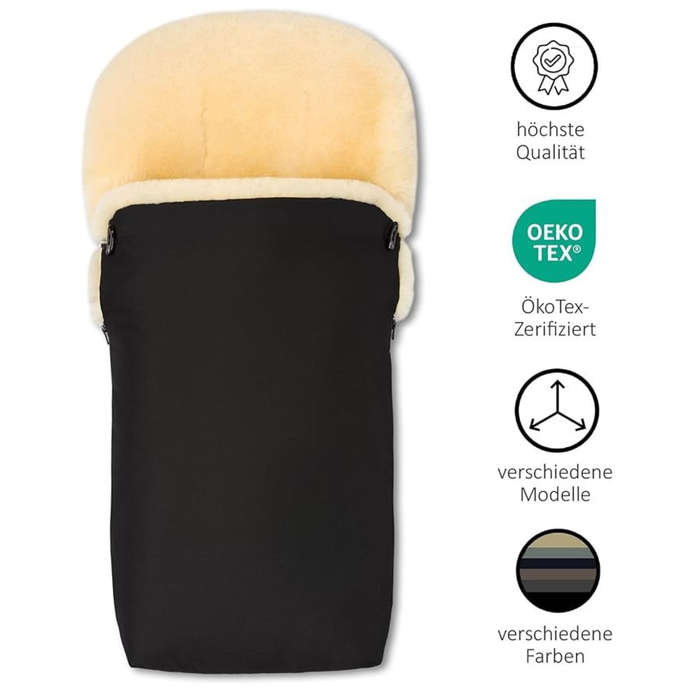 Lammfell Merino Premium Fußsack | Öko-Tex | für Kinderwagen | waschbar | 90x40cm
