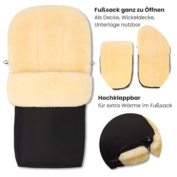 Lammfell Merino Premium Fußsack | Öko-Tex | für Kinderwagen | waschbar | 90x40cm