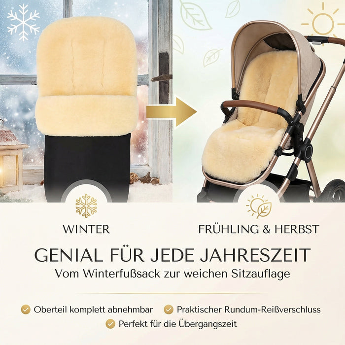 Lammfell Merino Premium Fußsack | Öko-Tex | für Kinderwagen | waschbar | 90x40cm
