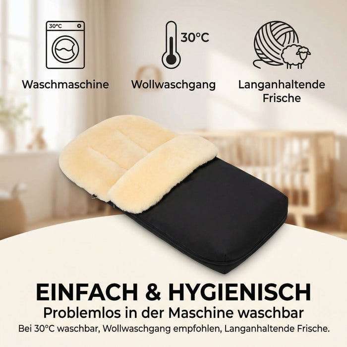 Lammfell Merino Premium Fußsack | Öko-Tex | für Kinderwagen | waschbar | 90x40cm