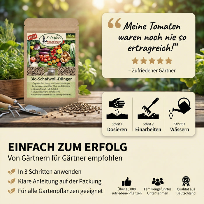 Biodünger Premium | deutsche Schafwolle in Pellets | Stickstoffreicher Universaldünger | 850g