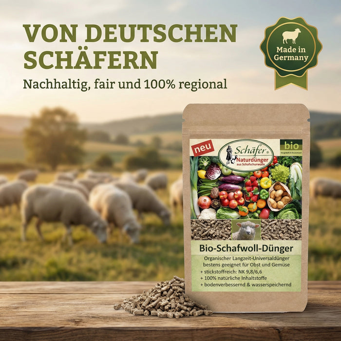 Biodünger Premium | deutsche Schafwolle in Pellets | Stickstoffreicher Universaldünger | 850g