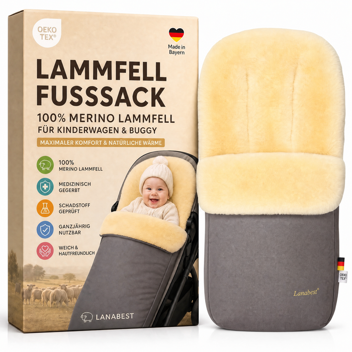 Lammfell Merino Premium Fußsack | Öko-Tex | für Kinderwagen | waschbar | 90x40cm