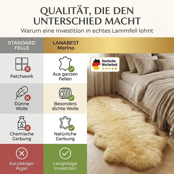 Merino Lammfell Teppich Premium | Doppelfell 200cm | chromfrei gegerbt Oekotex